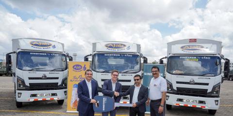 CFAO Mobility Kenya General Manager – Sinotruk, Sarfraz Premji, General Manager – Equipment Division, Julien Pioger, Grain Industries Limited - Managing Director, Sharuq Sokwala and General Manager - East Africa, Rajeev Srivastava during the delivery of twelve (12) Sinotruk H2 trucks to Grain Industries Limited which will empower their distributors for last mile delivery of products to customers.