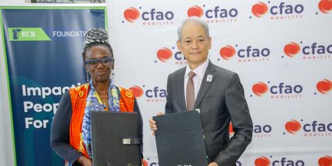 Seated from left: KCB Foundation Managing Director Mendi 
Njonjo
 and Akira Wada, Managing Director, CFAO Kenya and Trustee, Toyota Kenya Foundation, sign a strategic partnership agreement to empower youth through technical skills development, entrepreneurship and access to finance in Kenya's mobility sector. Standing from left: KCB Bank Kenya Director, Corporate Banking Peter 
Ngeno
 and 
Amb
. Dennis 
Awori
, Chairman and Trustee, CFAO Mobility Kenya, witness the signing.