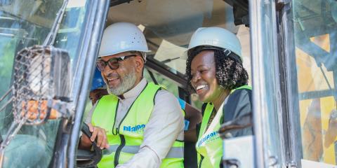 Mombasa Governor Abdulswamad Nassir (right), alongside Shaira Adamali. Founding Trustee, Faraja Cancer Support Trust (centre) and Celestine Munda, M-PESA Foundation Trustee (left) during the groundbreaking of the Faraja Cancer Support Center at the Coast General Teaching and Referral Hospital.
