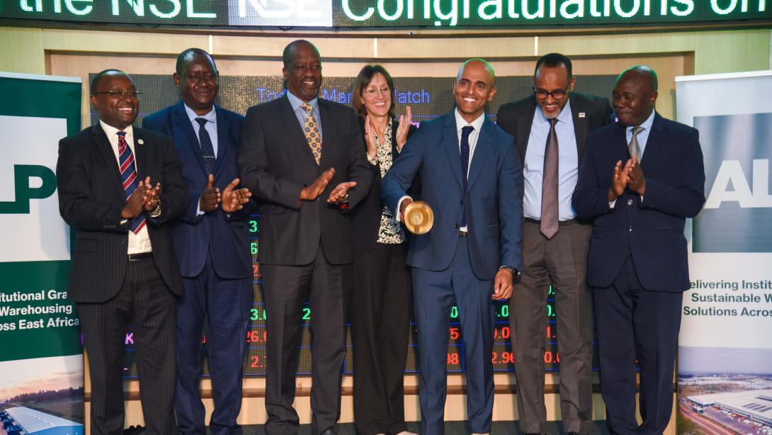 Frank Mwiti, Chief Executive Officer, Nairobi Securities Exchange; Stephen Odua, Director of Industries, State Department for Investment Promotion, Ministry of Investment, Trade and Industry; Kiprono Kittony, Chairman, Nairobi Securities Exchange; H.E. Diana Dalton, Deputy High Commissioner to Kenya, British High Commission Kenya; Raghav Gandhi, Chief Executive Officer, Africa Logistics Properties; Ugas Sheikh-Mohamed, Chairman, Capital Markets Authority; and Wyckliffe Shamiah, Chief Executive Officer, Capi