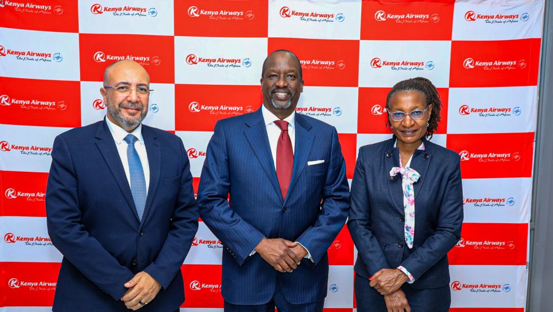 Ag. Group MD & CEO, Capt George Kamal, newly appointed Chairman Mr KIprono Kittony and Chief Finance Officer at Kenya Airways, Mary Mwenga during the FY2025 results announcement