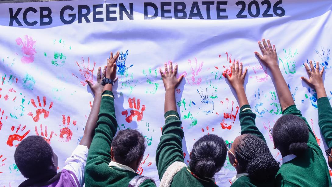 Winners of KCB Green Debate 2026, Koelel Forces Academy, alongside Maina Chege from Debate Circle, KCB Naivasha Branch Manager Zacharia Njeru, and Keng
en
 Principal Program Officer, 
Elishibah
 
Msengeti
, at the Naivasha Girls High School.