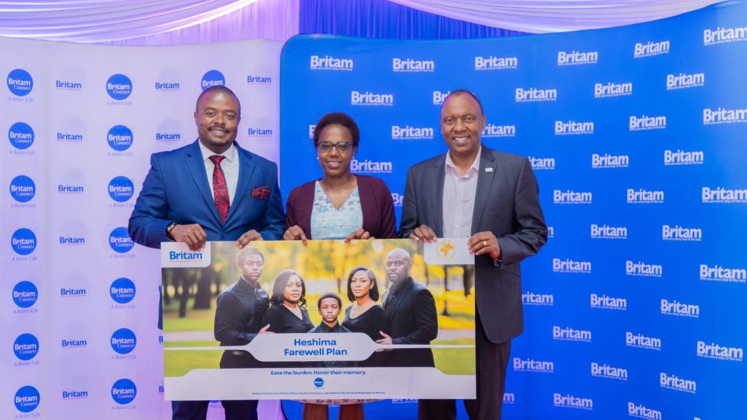 From left, Montezuma Funeral Home Operations Manager Josh Karuga (Left), Britam Connect CEO and Principal Officer, Evah Kimani, and Britam Group Holdings Plc CEO and MD Tom Gitogo, during the official launch of the Heshima Farewell Plan at the Britam Towers on April 8, 2026. The last-expense policy is designed to support Kenyan families during times of loss.