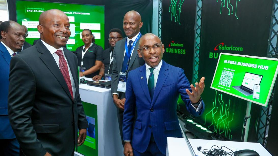 Peter Ndegwa, CEO of Safaricom, takes the Deputy President Prof. Kithure Kindiki through Safaricom’s converged digital solutions at the Connected Africa Summit, highlighting how integrated platforms are driving seamless connectivity, payments and enterprise innovation across sectors.