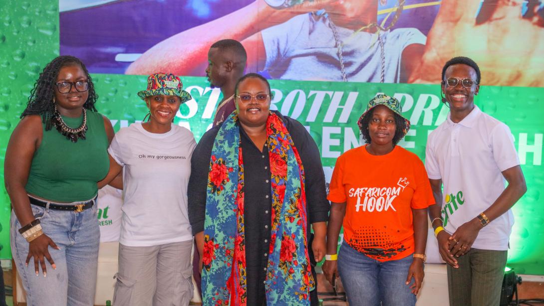 From left Grace Ndiege, Influencer Director, Ogilvy Africa, Susan Muthoka, Youth Segment, Safaricom PLC, Esther Wandia, Senior Officer Integrated Media, Safaricom PLC, Phelister Wanjiru, Financial Services Engineer, Ziidi Team, Safaricom PLC and Panel Moderator Shawn Dalmas engage with the Youth at Pwani University during a masterclass on Content creation and insights on monetizing content, Savings on Ziidi MMF and Data privacy.