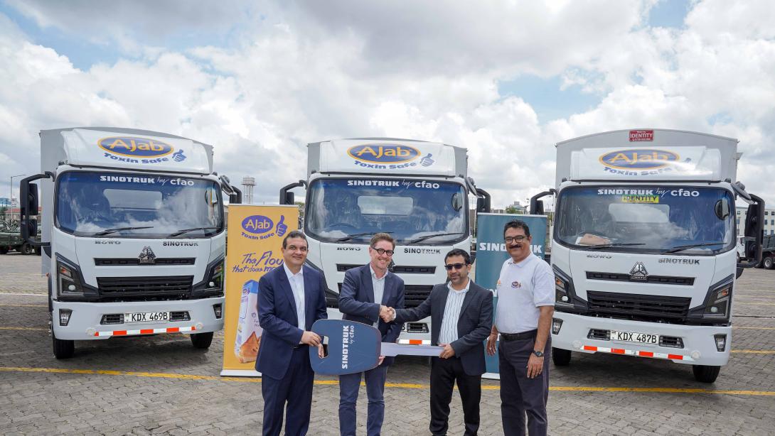 CFAO Mobility Kenya General Manager – Sinotruk, Sarfraz Premji, General Manager – Equipment Division, Julien Pioger, Grain Industries Limited - Managing Director, Sharuq Sokwala and General Manager - East Africa, Rajeev Srivastava during the delivery of twelve (12) Sinotruk H2 trucks to Grain Industries Limited which will empower their distributors for last mile delivery of products to customers.
