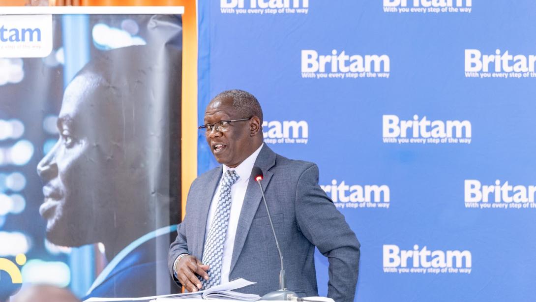 Chief Guest James Muriithi, CEO of Savannah Mabati Ltd, addresses SMEs during the Britam Biashara Network forum at the Eton Hotel, Thika, on May 13, 2026.