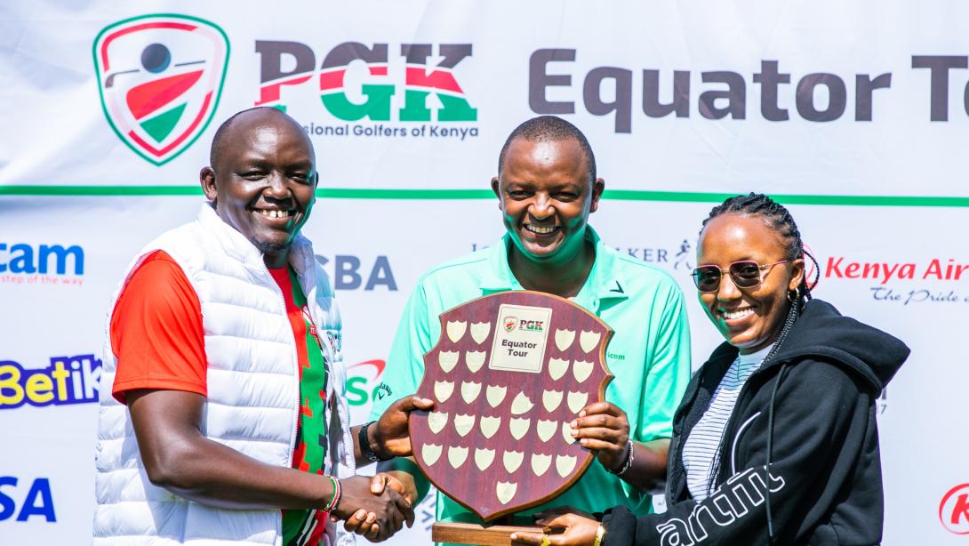 to right CJ wangai ,PGK chairman , Samuel chege Njoroge, winnner PGK second leg, Nazareen Wangari, safaricom representative