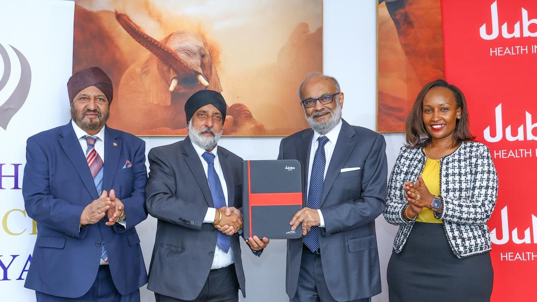 Sikh Council of Kenya Vice Chairman Dr. Ravinder Singh Mathru and National Chairman Gurdeep Singh Flora with Jubilee Holdings Chairman Zul Abdul and Jubilee Health Insurance CEO and Principal Officer Njeri Jomo
