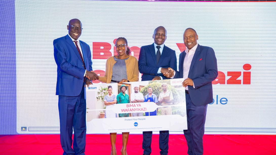 Minet Kenya Deputy Director – Commercial, Gideon Bii; Britam Connect CEO and Principal Officer, Evah Kimani; and Britam Holdings Group CEO and Managing Director, Tom Gitogo, during the launch of Bima ya Wafanyikazi, a medical insurance cover that offers inpatient, outpatient, maternity, dental, optical and last expense benefits to Kenya's domestic and informal workers.