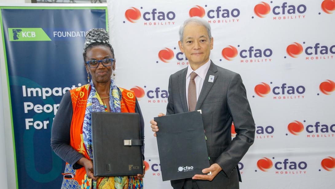 Seated from left: KCB Foundation Managing Director Mendi 
Njonjo
 and Akira Wada, Managing Director, CFAO Kenya and Trustee, Toyota Kenya Foundation, sign a strategic partnership agreement to empower youth through technical skills development, entrepreneurship and access to finance in Kenya's mobility sector. Standing from left: KCB Bank Kenya Director, Corporate Banking Peter 
Ngeno
 and 
Amb
. Dennis 
Awori
, Chairman and Trustee, CFAO Mobility Kenya, witness the signing.