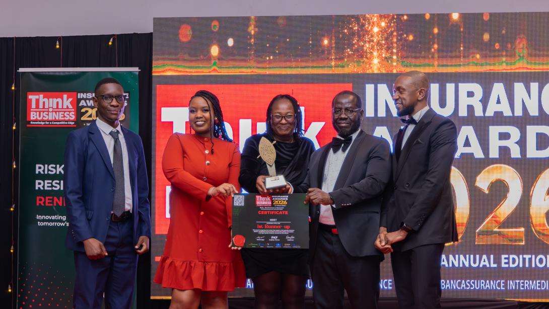 Minet Kenya's Ignatius Muyonga, Anita Muriuki and Judith Atieno, Think Business Founder Ochieng Oloo and Minet Kenya's John Matalaga pose for a photo during the 2026 Think Business Insurance Awards, where Minet Kenya was recognised as First Runner-Up – Life Broker of the Year. The company won eight awards, including Best Corporate Broker, Best Personal Lines Broker, Best Innovator in New & Emerging Risks, First Runner-Up – General Broker of the Year, First Runner-Up – Life Broker of the Year, and First Runn