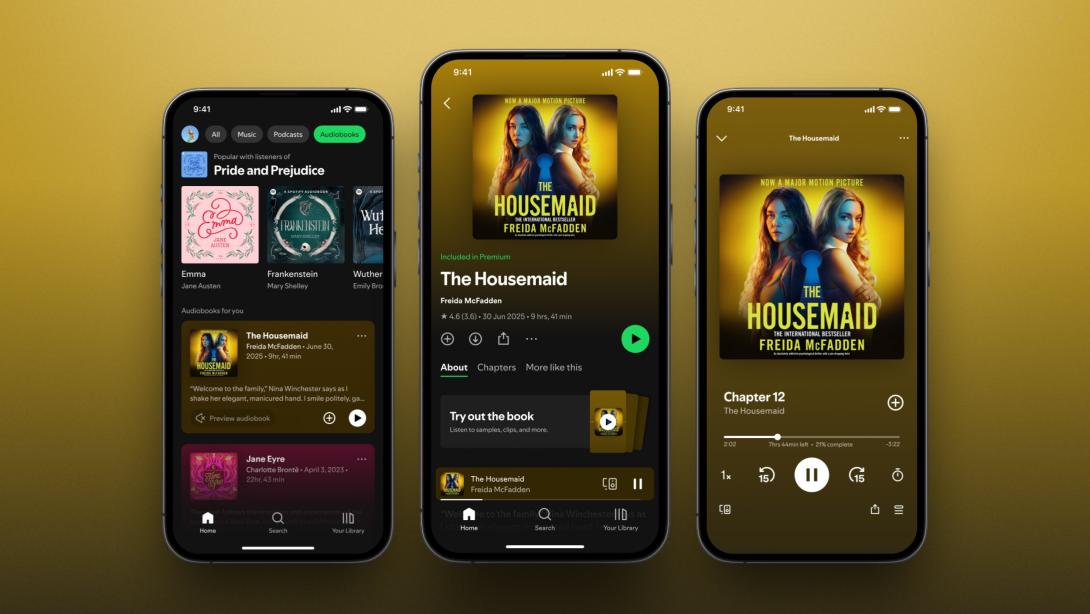 Three smartphone screens display Spotify’s audiobook browsing section, The Housemaid title page and playback controls against a yellow background.