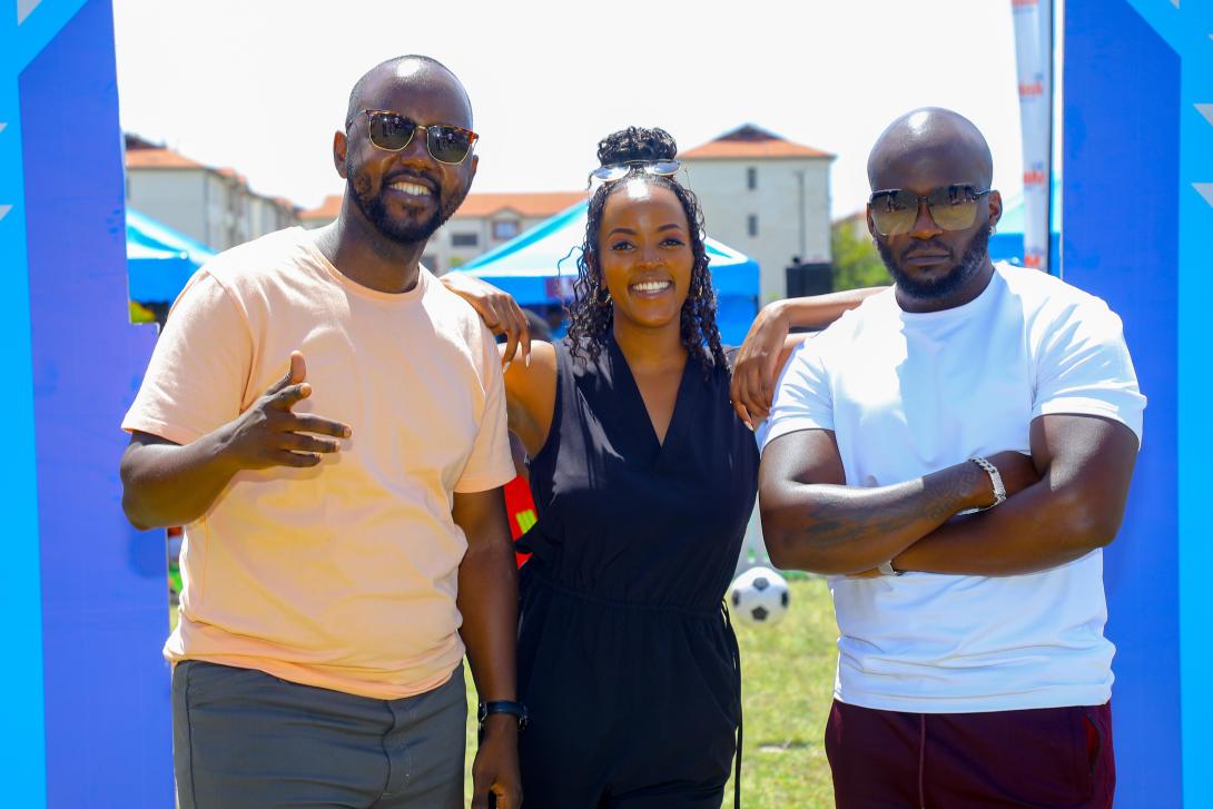 PIC 3   From L to R    Elisha Kamau, Public Relations Manager at MultiChoice Kenya,  Evelyne Gitonga who plays Natasha on Lazizi and Alex Khayo  who plays Sting on Qware