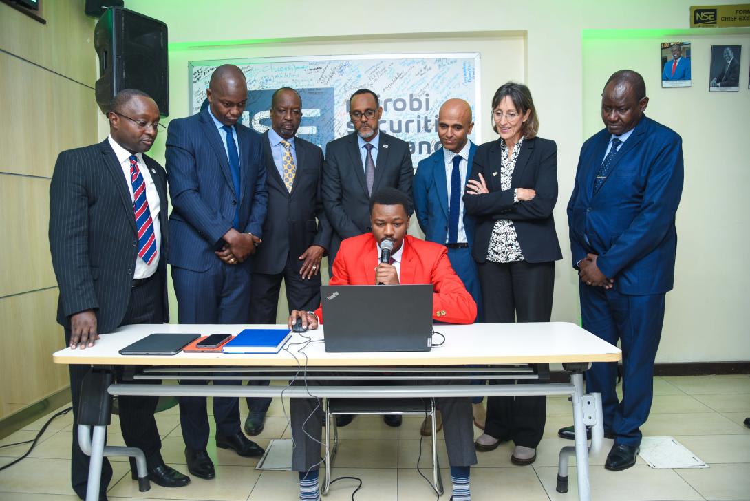 Frank Mwiti, Chief Executive Officer, Nairobi Securities Exchange; David Wainaina, Head of Trading, Data and Analytics, Nairobi Securities Exchange; Kiprono Kittony, Chairman, Nairobi Securities Exchange; Ugas Sheikh-Mohamed, Chairman, Capital Markets Authority; Peter Irungu, Trader, Dyer & Blair Investment Bank Ltd (seated