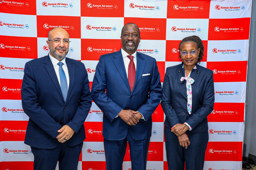Ag. Group MD & CEO, Capt George Kamal, newly appointed Chairman Mr KIprono Kittony and Chief Finance Officer at Kenya Airways, Mary Mwenga during the FY2025 results announcement