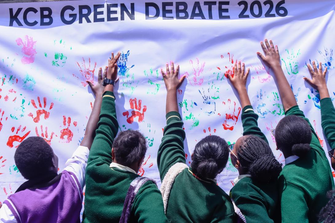 Winners of KCB Green Debate 2026, Koelel Forces Academy, alongside Maina Chege from Debate Circle, KCB Naivasha Branch Manager Zacharia Njeru, and Keng
en
 Principal Program Officer, 
Elishibah
 
Msengeti
, at the Naivasha Girls High School.