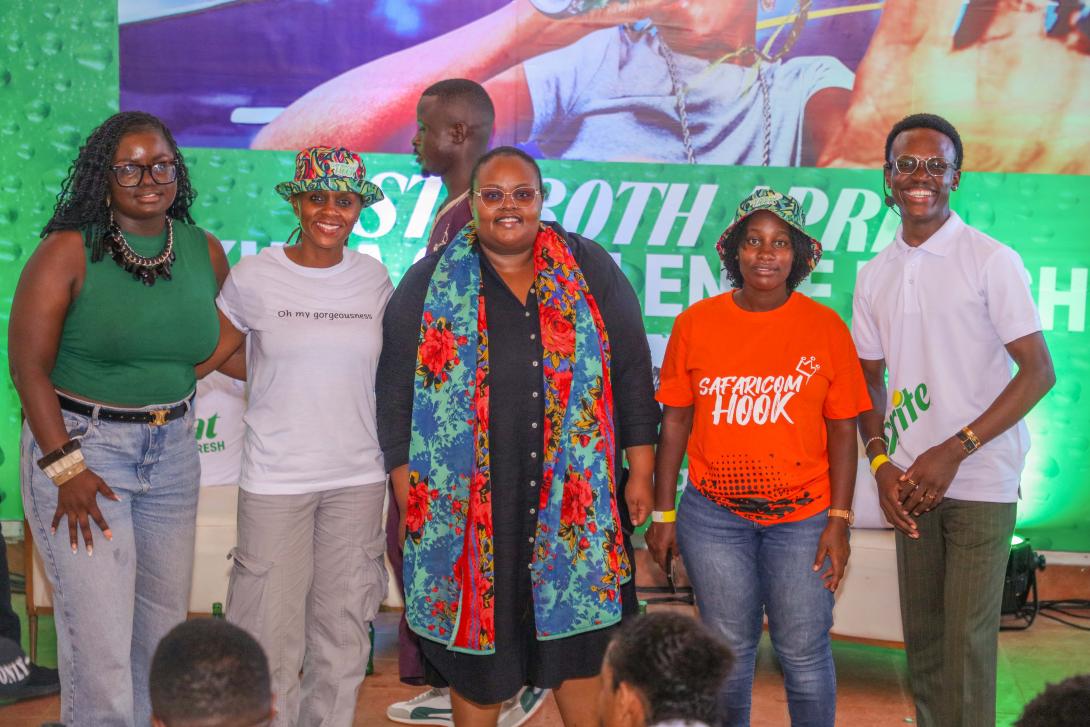 From left Grace Ndiege, Influencer Director, Ogilvy Africa, Susan Muthoka, Youth Segment, Safaricom PLC, Esther Wandia, Senior Officer Integrated Media, Safaricom PLC, Phelister Wanjiru, Financial Services Engineer, Ziidi Team, Safaricom PLC and Panel Moderator Shawn Dalmas engage with the Youth at Pwani University during a masterclass on Content creation and insights on monetizing content, Savings on Ziidi MMF and Data privacy.