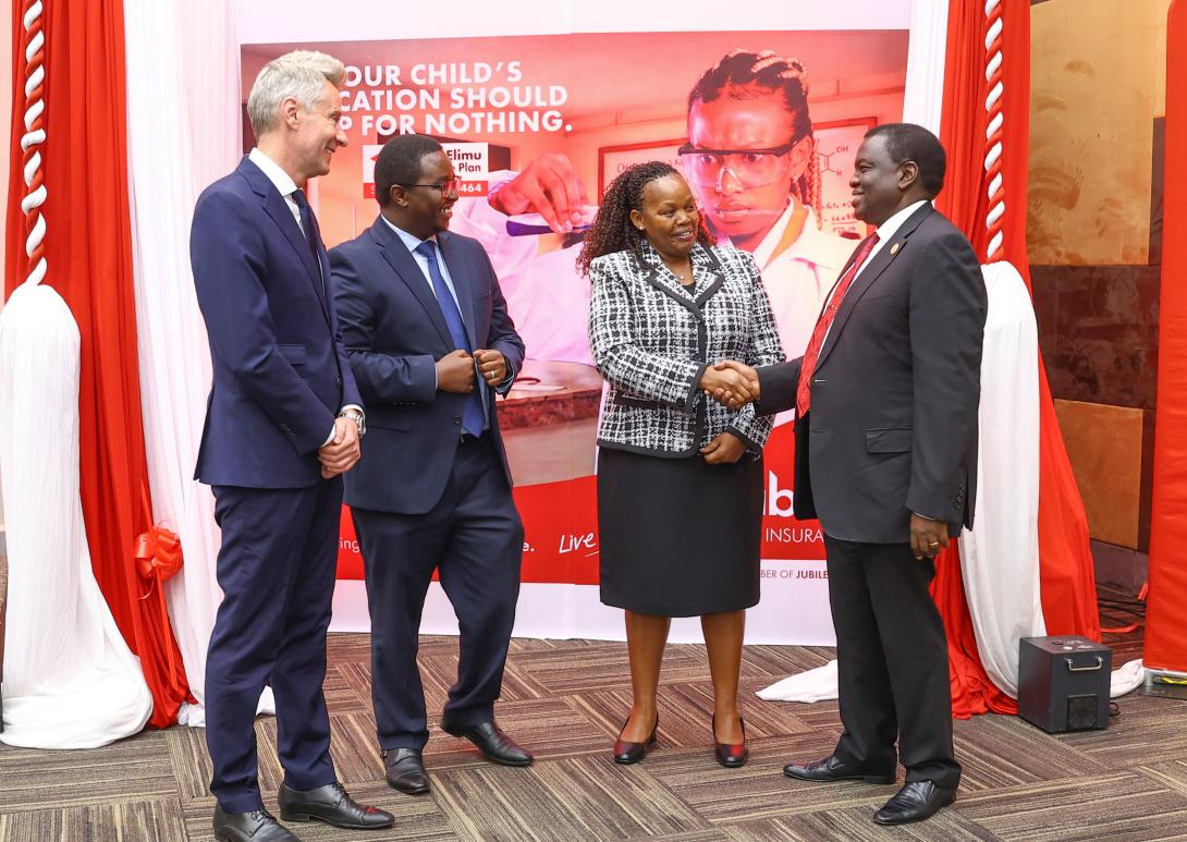 (R to L) Dr. Julius Kipngetich, Group CEO, Ann Chelagat, Director, Market Conduct, IRA, Asman Mugambi, CEO Jubilee Life and Juan Cazcarra, Deputy CEO, Jubilee Holdings during the official unveil of Faida Elimu Insurance, a