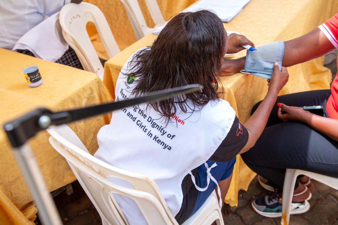 VVF nurse and trainer Christine Muthengi attends to patients during triage at the fistula medical camp in Murang’a.