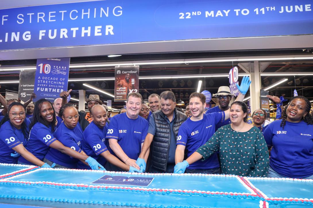 From left: Christophe Orcet, Regional Director – East Africa, Majid Al Futtaim Retail; Sanjey Shah, Director, Village Market Mall; Alexandre Cerqueira, District Manager – Supermarkets, Carrefour Kenya; and Ashni Shah, Director, Village Market Mall, together with Carrefour colleagues, during the celebration of the retailer’s 10-year milestone at Village Market. Since entering the market in 2016, the retailer has expanded to 34 stores nationwide, strengthened its e-commerce offering, and built one of the coun