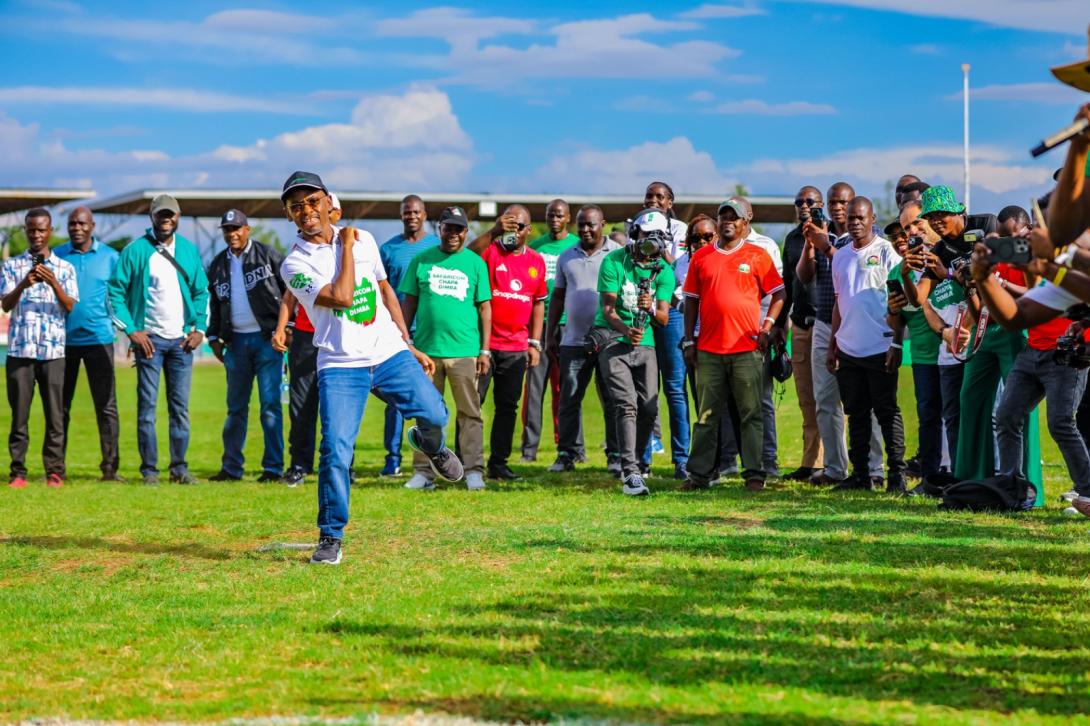Safaricom CEO Peter Ndegwa takes a penalty kick to officially launch Season Five of the Safaricom Chapa Dimba tournament at Jomo Kenyatta Stadium, Mamboleo, in Kisumu.