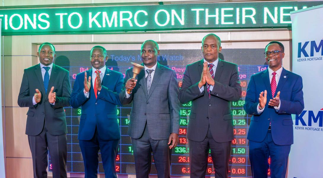 L-R; Daniel Warutere - Director, Market Regulations, Capital Markets Authority (CMA), Johnstone Oltetia - CEO & ManagingDirector, KMRC, Hon FCPA John Mbadi Ng'ongo, EGH, Cabinet Secretary- National Treasury & Economic Planning, Dr. Haron Sirima, OGW, EBS , Chairman- KMRC Board and John Gachora, Group MD, NCBA