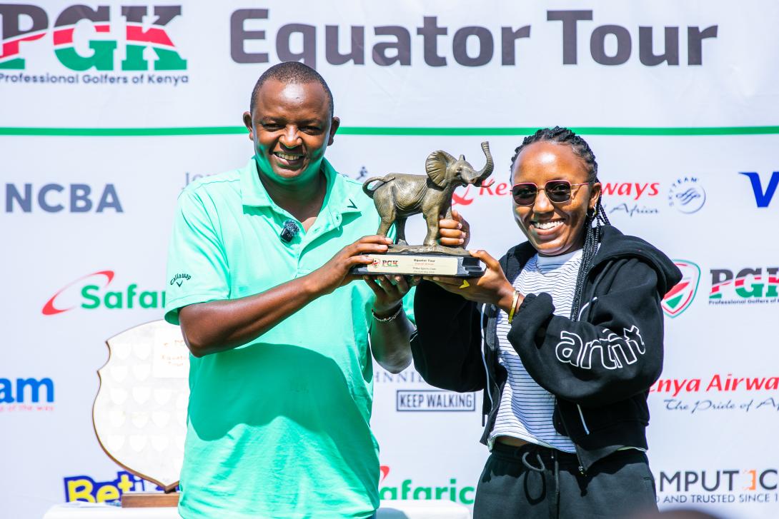 C.J Wangai, PGK Chairman, Samuel Njoroge of Team Safaricom, and Nazareen Wangari representing Safaricom during the awarding ceremony following Samuel’s win.