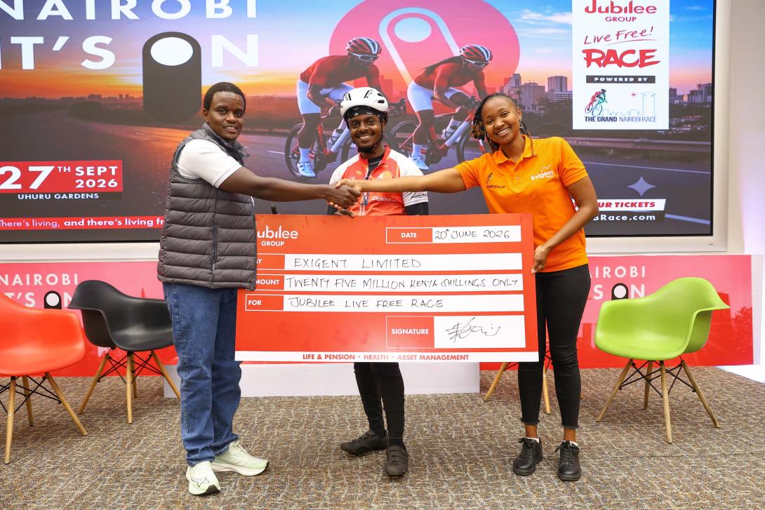 Jubilee Group Marketing and Corporate Communications Manager Peter Kibe with Team Syke Cyclist Bullet Macharia and Grand Nairobi Bike Race Logistics Manager Grace Wambui. Jubilee Group has backed the 6th Edition of Jubilee Live Free Race with a KES 25 million title sponsorship, reaffirming its commitment to promoting wellness, mobility, and community engagement.