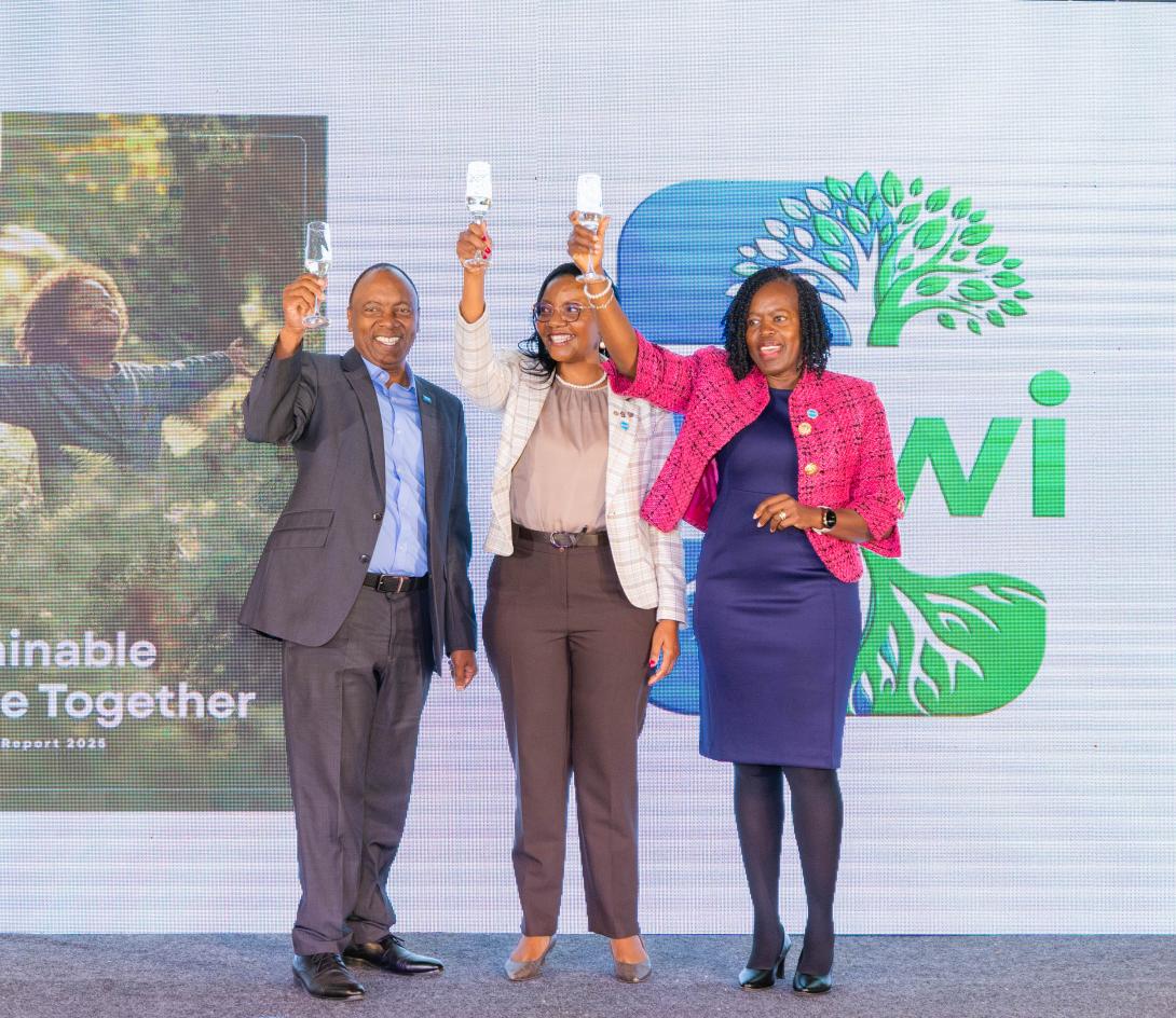 From left to right, Tom Gitogo, Britam Holdings Plc Managing Director and CEO, Hilda Njeru, Director Legal, Sustainability, and Company Secretary, and Celestine Munda, Interim Board Chairperson, during the launch of the 2025 Sustainability Report at the Britam Towers on June 4, 2026
