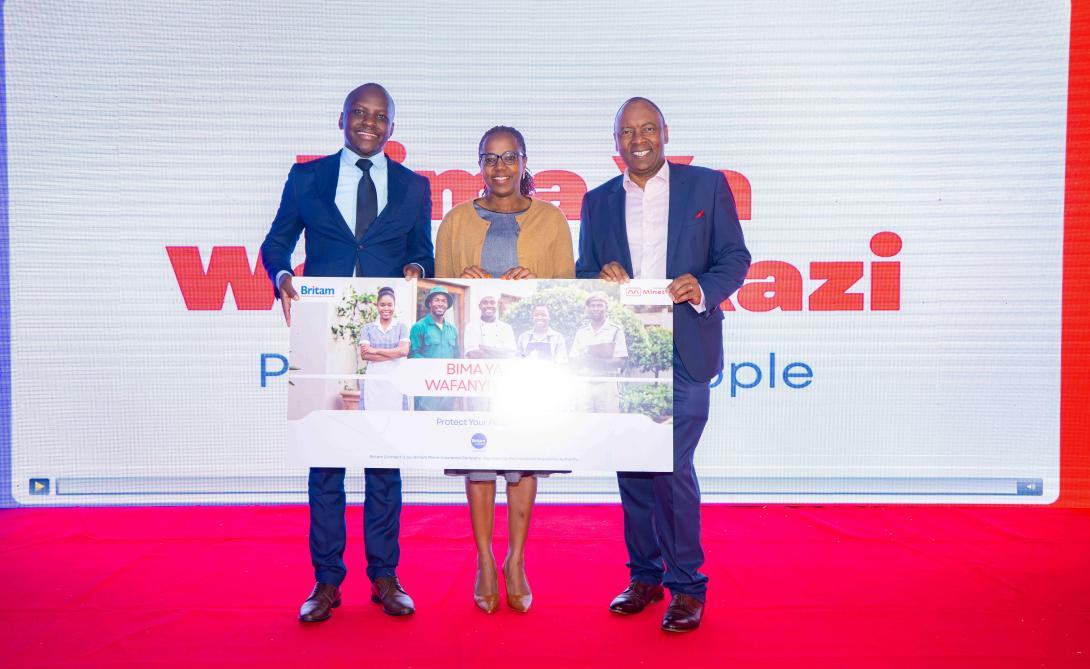 Minet Kenya Deputy Director – Commercial, Gideon Bii; Britam Connect CEO and Principal Officer, Evah Kimani; and Britam Holdings Group CEO and Managing Director, Tom Gitogo, during the launch of Bima ya Wafanyikazi, a medical insurance cover that offers inpatient, outpatient, maternity, dental, optical and last expense benefits to Kenya's domestic and informal workers.