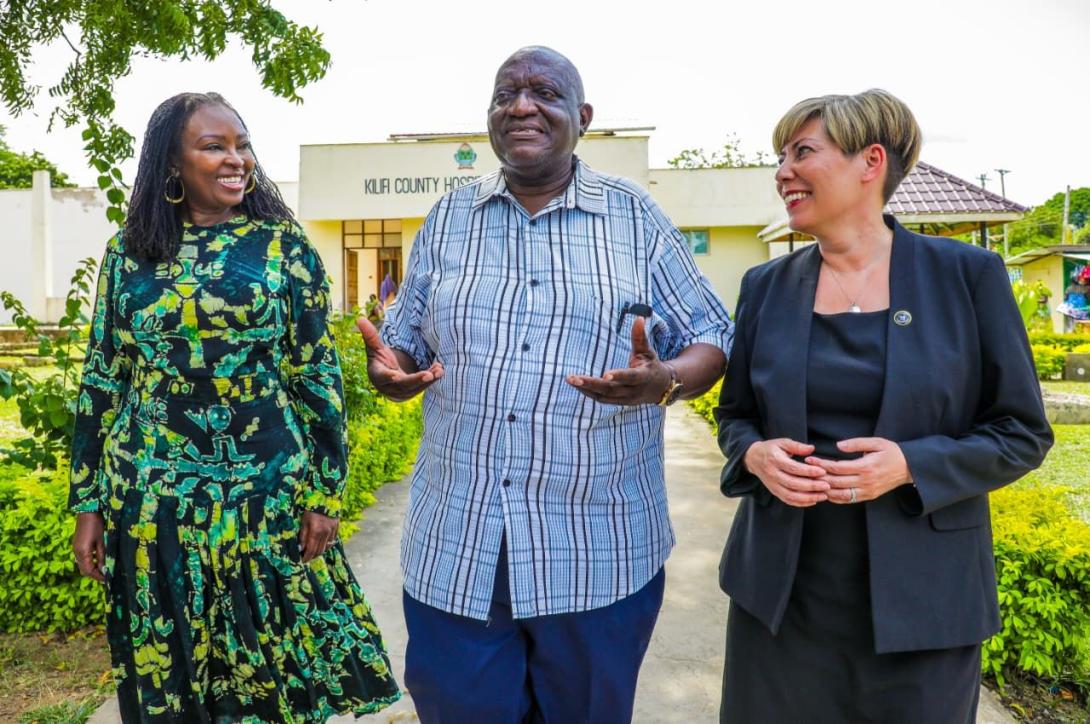 Patricia Ithau, Trustee, M-PESA Foundation, Peter Mwarogo, Kilifi County Executive Committee Member for Health and Sanitation Services and Dr. Shannon Shibata Germanos, Head of Global Health at Proximie during the launch of a Digital Operating Room at Kilifi County Referral Hospital.