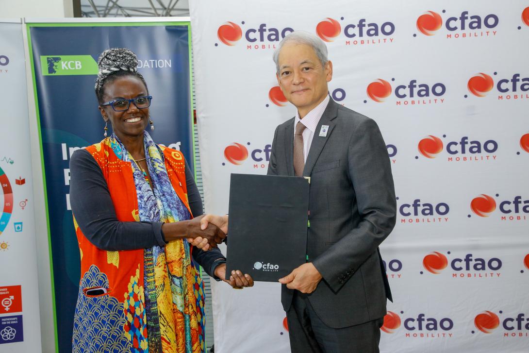 From left: KCB Bank Kenya Director, Corporate Banking Peter 
Ngeno
, KCB Foundation Managing Director Mendi 
Njonjo
, Akira Wada, Managing Director, CFAO Kenya and Trustee, Toyota Kenya Foundation, and 
Amb
. Dennis 
Awori
, Chairman and Trustee, CFAO Mobility Kenya, pose for a photo after the signing of a strategic partnership between KCB Foundation and Toyota Kenya Foundation to empower young Kenyans with technical skills, entrepreneurship training and access to finance in support of employment and enterp