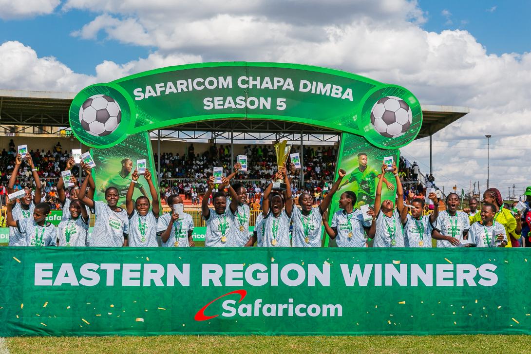 MCF Starlets from Machakos County celebrate after being crowned the Season Five Safaricom Chapa Dimba Eastern Region champions in the girls’ category at Moi Stadium in Embu County.