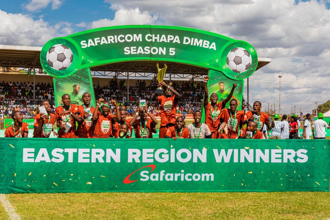 MAFA Academy from Isiolo County celebrates after being crowned the Season Five Safaricom Chapa Dimba Eastern Region champions in the boys’ category at Moi Stadium in Embu County.